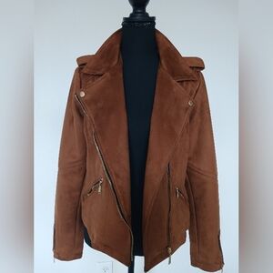 Jou Jou Brown Moto Faux Leather Jacket Size XL EUC